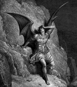 Satan’s pain by Gustave Doré for an illustrated version of Paradise Lost, 1866. Satan, waring ornate ancient armor, has bat wings and is putting his hands to his head in anguish.