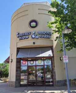 Exterior photo of The Dessert Stand at 8393 Church Ranch Blvd. Exterior sign and window decals designed by Master Print & Web Design (the company Brooke still owns with her mom).