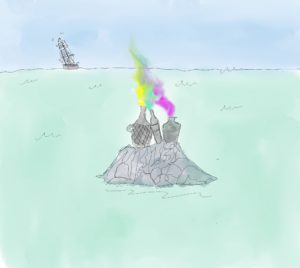 Three bottles emanating toxic-looking vapors of neon colored alcohol sit seductively on an outcrop of rock in the middle of a sea. A lonely boat flying a Nigerian flag in the distance seems destined to be drawn to the Sirens’ call to its sorrow. by Alabaster Rhumb.