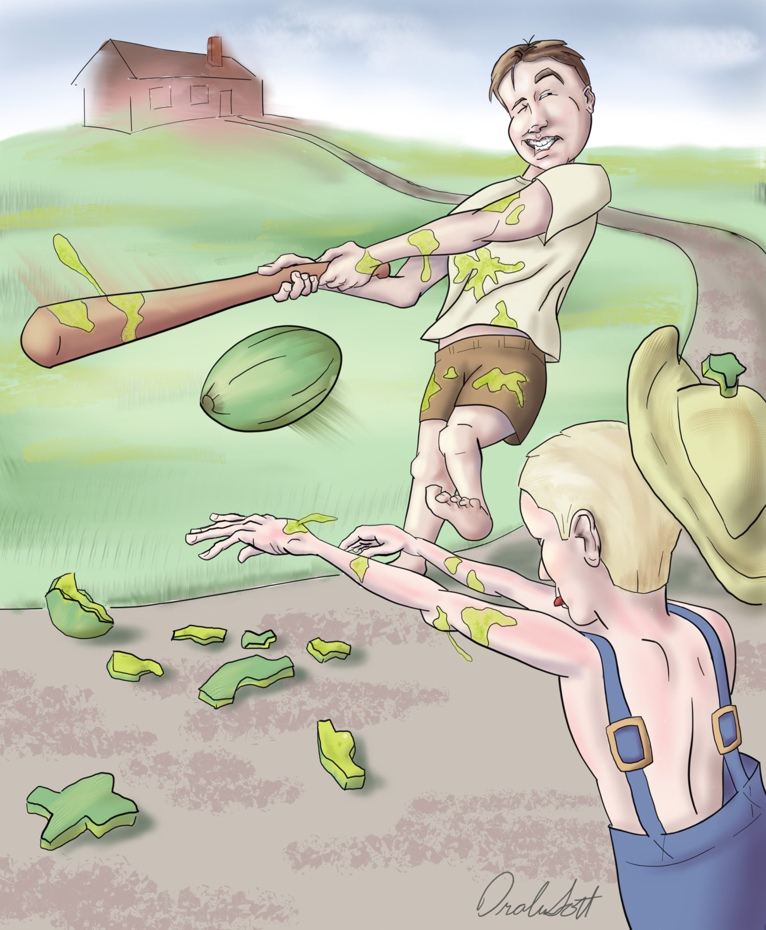 A somewhat cartoony illustration of two boys playing watermelon baseball - in the foreground, a skinny sunburned boy in overalls is throwing a watermelon at the second boy, who is swinging hard with a baseball bat. Both are splattered with yellow watermelon juice and broken pieces lie on the ground. a long path fades to the background where a house sits on a hill. By Drake Scott.