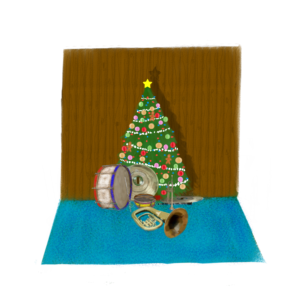 A retro Christmas tree with popcorn, gingerbread men, colored balls, and a gold star on top, surrounded by beat up marching-band instruments -- bass drum, tuba, snare, trumpet, flute, clarinet, and a couple tarnished cymbals – sit on ugly blue-green shag carpeting with wood paneling behind. By Alabaster Rhumb.