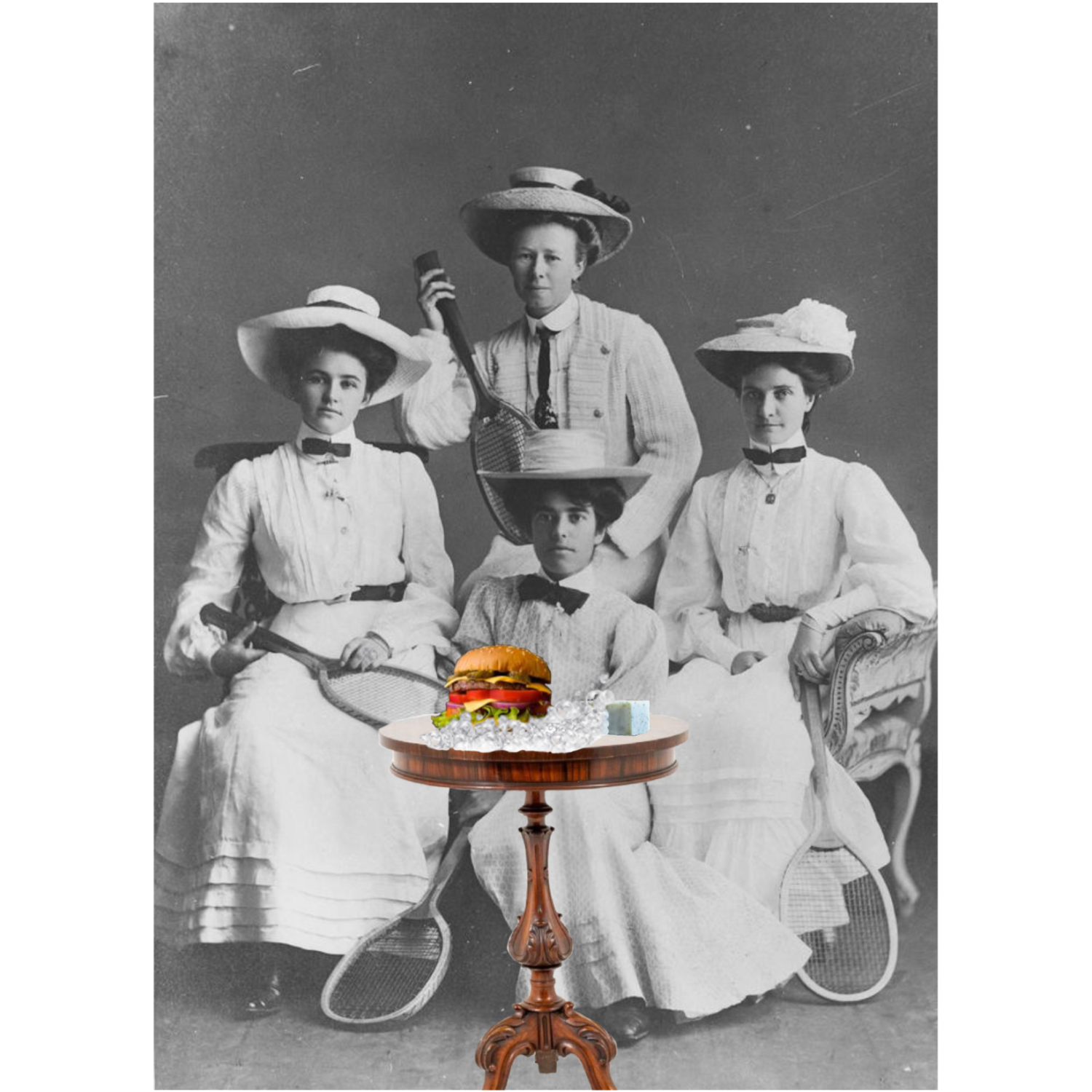 Sitting on a wood Victorian table in the foreground are a Greenish gritty pumice soap bar soaping up with suds, and a cheeseburger also engulfed by suds. In the background, a black and white photograph of four Victorian lady tennis players in white dresses and hats with black ties and holding tennis rackets in different positions.