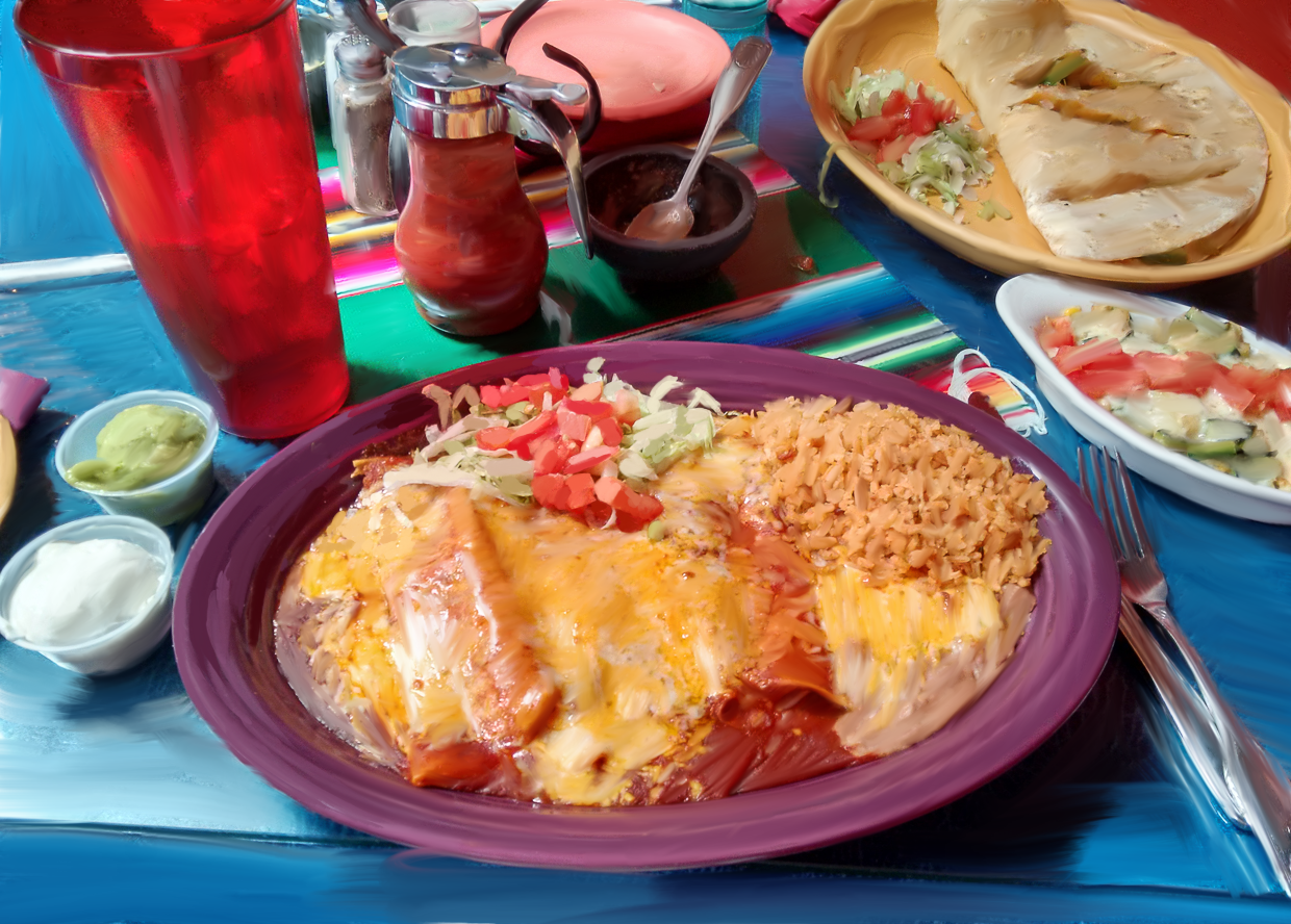 A night out laden with Mexican deliciousness: Enchiladas, rice, beans, quesadillas, guacamole, salsa, with a red cup, on a colorful tablecloth.