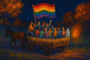 A group of people sitting together on a hay-covered wagon pulled by a horse on a Halloween night. The atmosphere is joyful and celebratory, with one person holding a large, brightly colored rainbow pride flag up high. The people on the hayride are waving and smiling, dressed in various colorful clothes. Warm, glowing autumn trees surround the path, and the dark sky is dotted with a few stars. The whole scene is painted with a soft, dreamy quality, giving it a festive and inclusive feeling. By ChatGPT – inspired by “Hard to Get” by Mike Lewis-Beck.