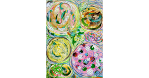 “Petri Dish Emotions” is a vibrant, collage-like composition that fills the frame, structured around four large circular forms resembling petri dishes or cells. Each circle contains layered spirals and fragments of cut paper—snippets of printed text with phrases such as: “A Wild Love,” “connect,” “research,” “deep time”, and organic shapes—arranged in swirling motions. The background is densely textured with crayon or pastel marks in green, yellow, pink, and blue, creating a sense of energetic movement between the circles. Smaller circular cutouts scatter across the surface, especially in the lower right, adding rhythm and variation. The overall effect is playful yet intricate, evoking microscopic life, growth, and interconnected systems.