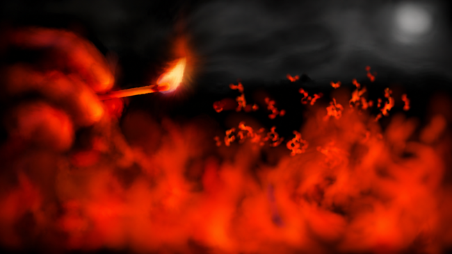 A surreal, landscape-format digital painting depicts a glowing match held between indistinct, red-lit fingers emerging from the left. Its yellow-white flame burns against a smoky black sky, illuminated by a hazy, moonlike orb in the upper right. Below, swirling masses of scarlet and orange suggest a raging fire, while scattered embers hover in the darkness. Soft, blurred edges give the composition a dreamlike, ominous intensity. An AI take on a human-created digital sketch by Alabaster Rhumb.